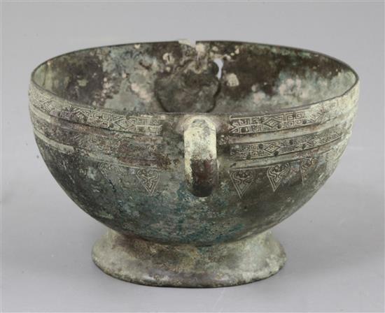 A Chinese archaic bronze ritual steaming vessel, Zeng, Warring States period, 5th-2nd century B.C., 17cm wide, holes and repair